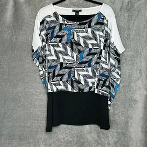 Alfani 16 XL Shirt Top Black Geometric Short Sleeve Scoop Neck Poncho Womens